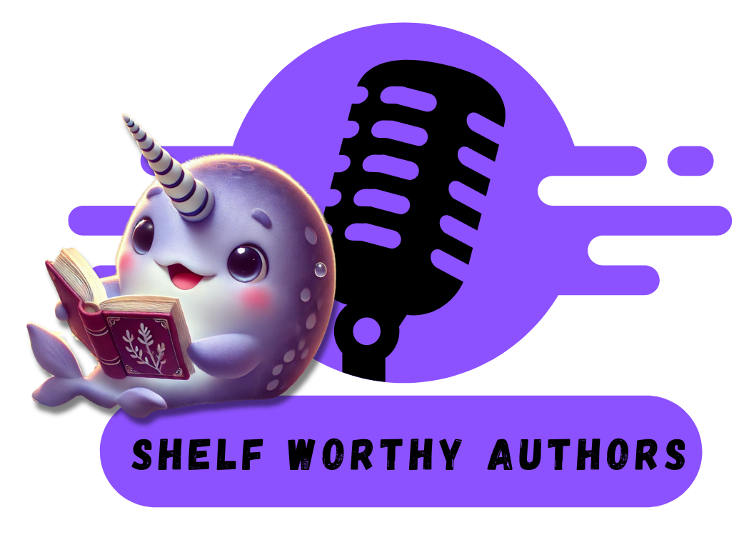 Quillow, Duchess of Inkwell, the Shelf Worthy Authors narwhal mascot, reading a book in front of a microphone, next to the Shelf Worthy Authors logo pill